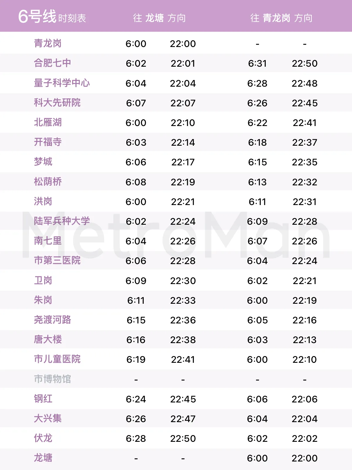 合肥地铁6号线时刻表