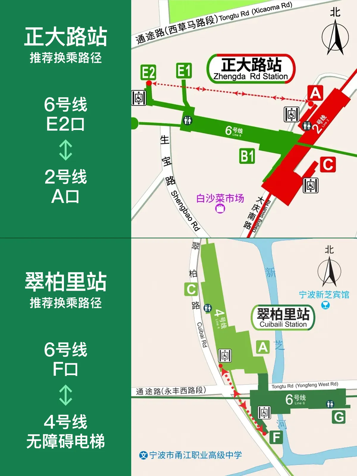 宁波轨道交通6号线站外换乘指引 宁波轨道交通6号线正大路站和翠柏里站站外换乘通道示意图