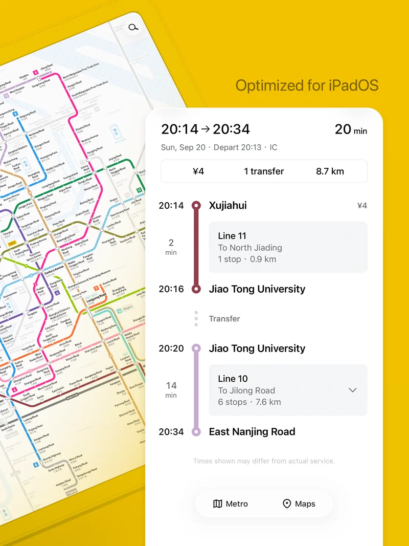 MetroMan on iPad showing a metro map alongside journey details