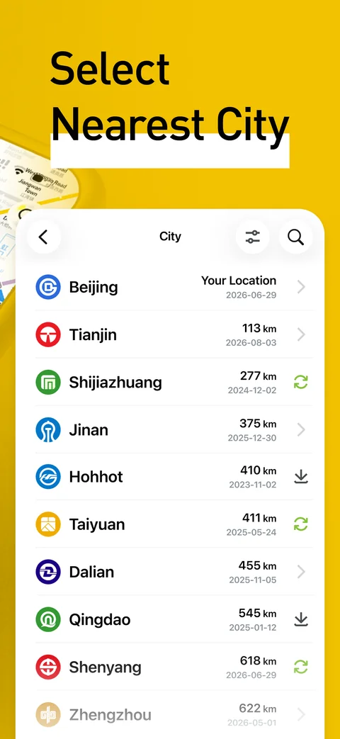 City selection showing cities and their metro data