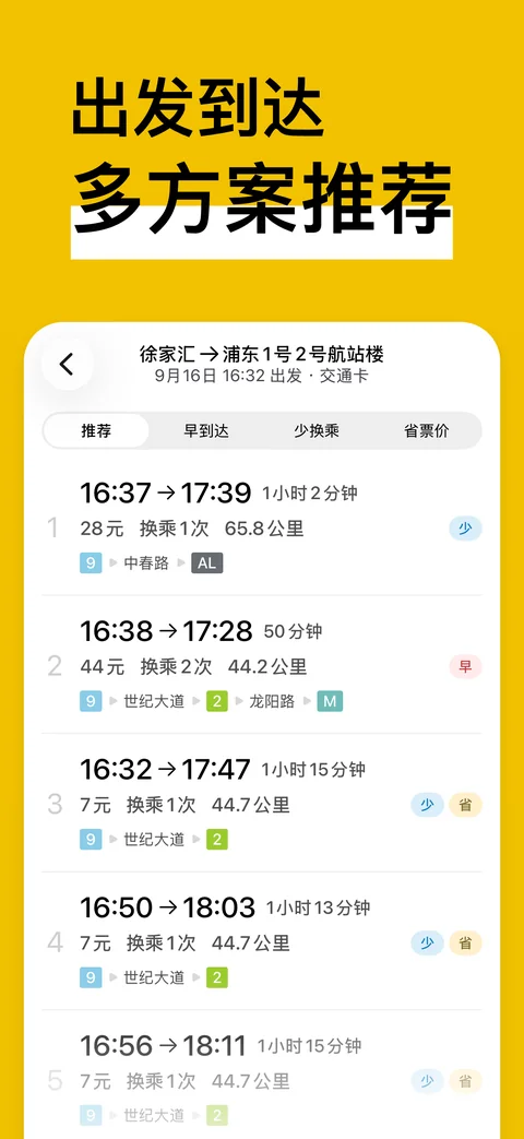 换乘方案列表，比较推荐、早到达、少换乘和省票价方案