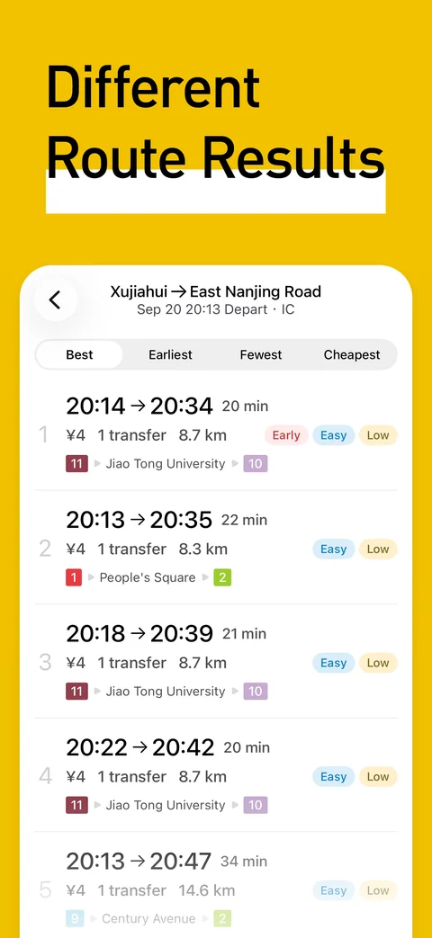 Route list comparing recommended, earlier-arrival, fewer-transfer and lower-fare options