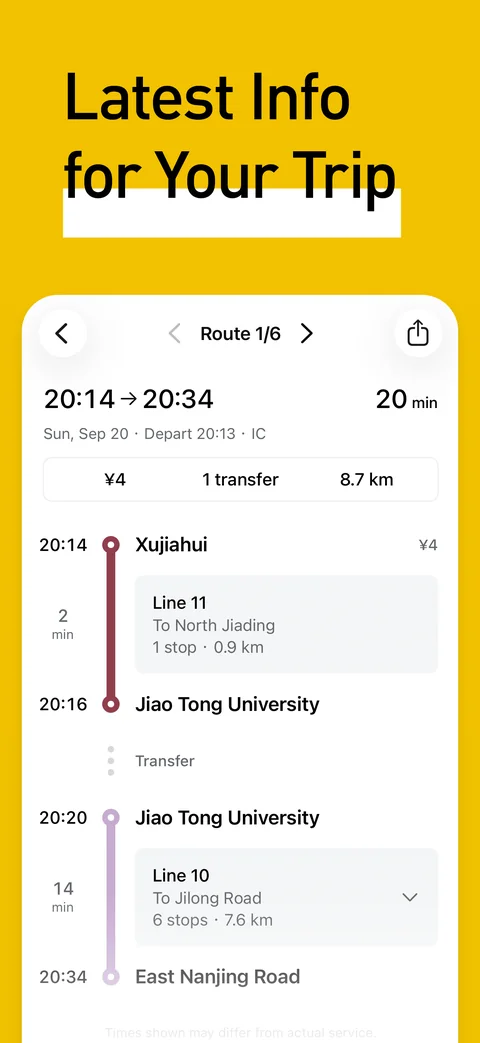 Journey details showing each line, station, direction, time and fare