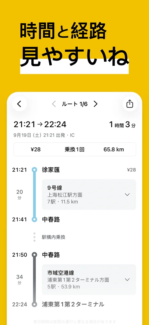 乗車ルートの詳細：路線、駅、方向、時刻、運賃を区間ごとに表示