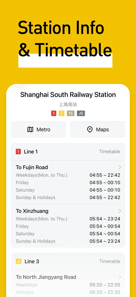 Shanghai South Railway Station information with first and last train times by line and direction